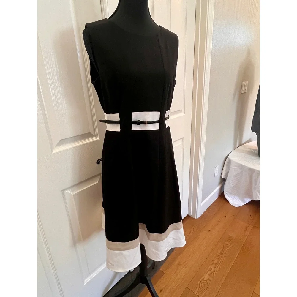Calvin Klein Black White Colorblock Belted A-Line Midi Dress Career Women 6